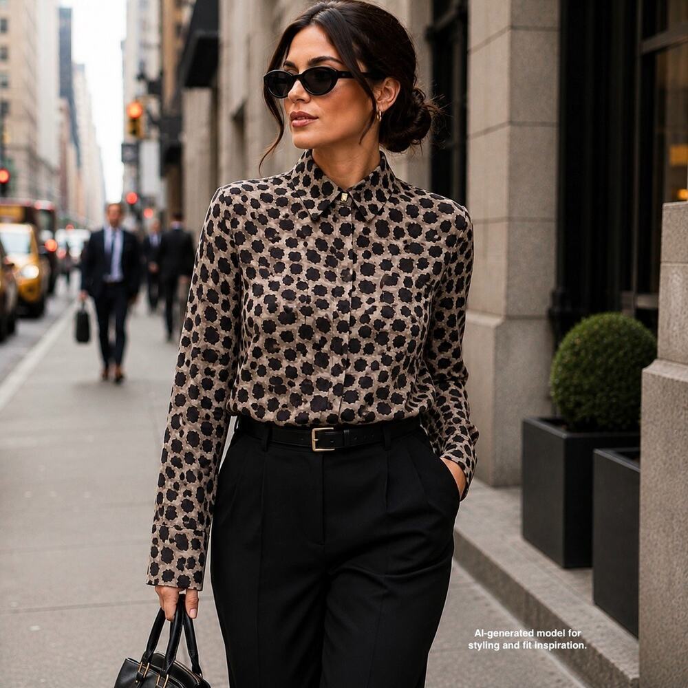 M.M.LaFleur Tatum Silk Blouse XL Leopard Print Taupe Black Button Front Washable